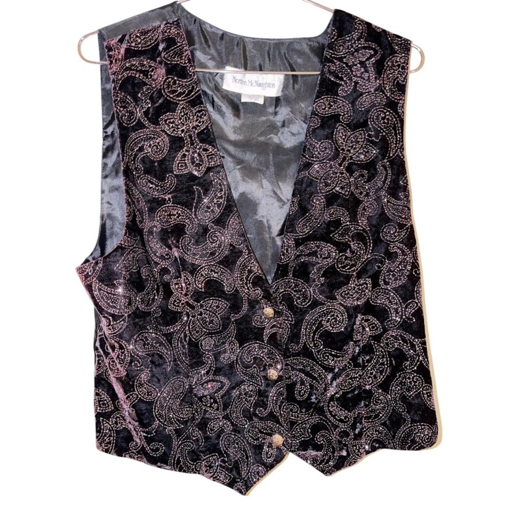Norton McNaughton Vintage Velvet Paisley Burnout Vest Black Purple Size 10 USA
